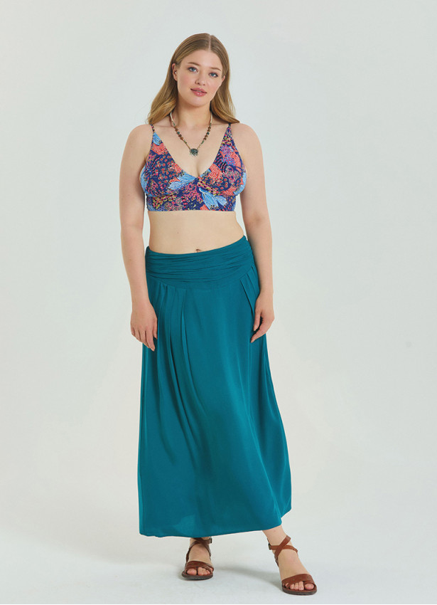 Elastic Waist Drape Detailed Petrol Plus Size Skirt 4601